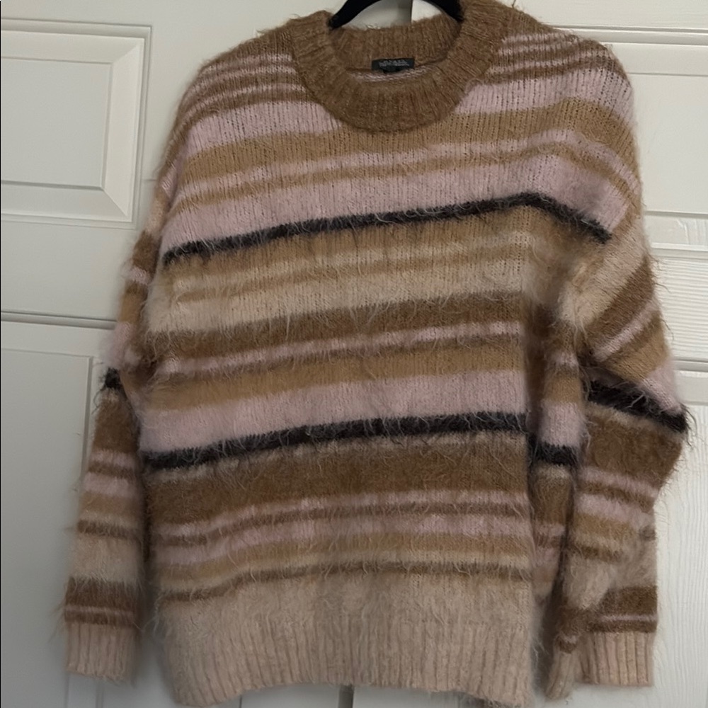 Fuzzy Striped Crewneck Sweater in Pink & Brown